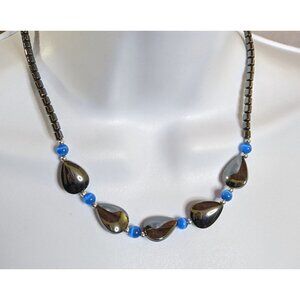 Hematite And Blue Glass Beaded Necklace With Teardrop Accents